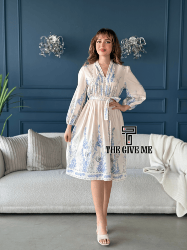 فستان ميدي بنمط مشجر بحزام علي الخصر