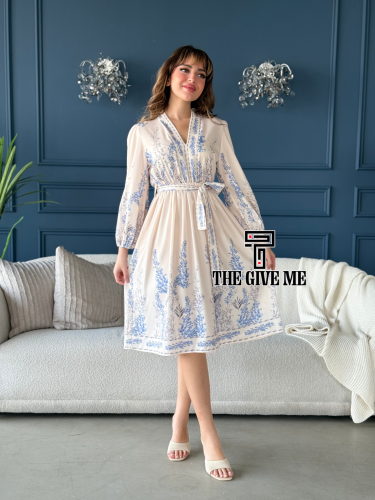 فستان ميدي بنمط مشجر بحزام علي الخصر