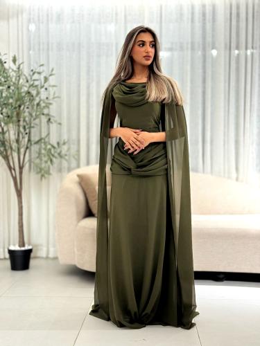 فستان سهرة أخضر زيتوني بكاب شيفون