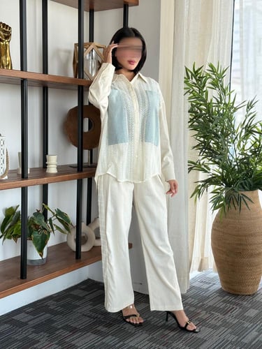 طقم كتان مخرم بتخيلات الجينز البنطلون كتان مزين بخ...