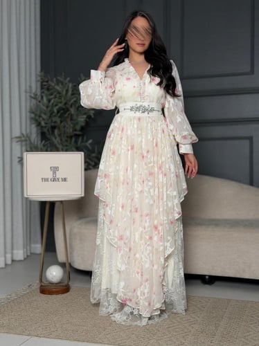 فستان شيفون مشجر بطبقات الدانتيل الفاخر