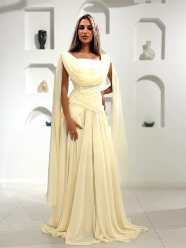 فستان سهرة اصفر فاتح بكاب شيفون