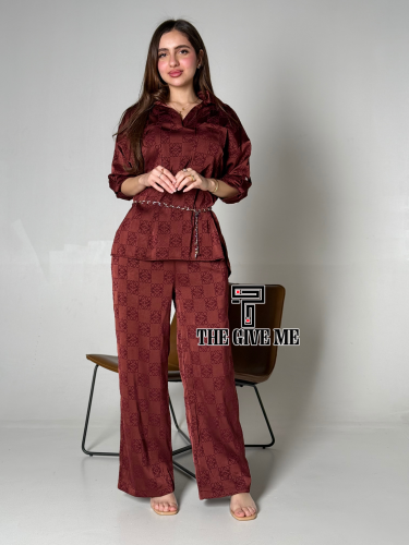 طقم بنطلون وبلوزه بطبعه شموه فخم بحزام علي الخصر