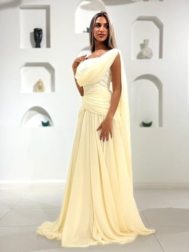 فستان سهرة اصفر فاتح بكاب شيفون