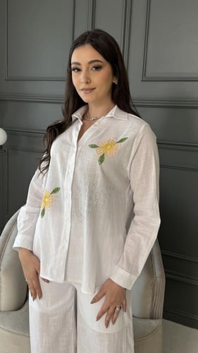 طقم كتان ابيض بتطريز