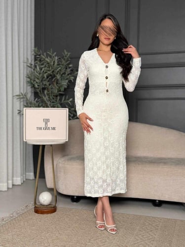 فستان ميدي بـ أكمام طويلة، مصنوع من قماش الكروشيه...