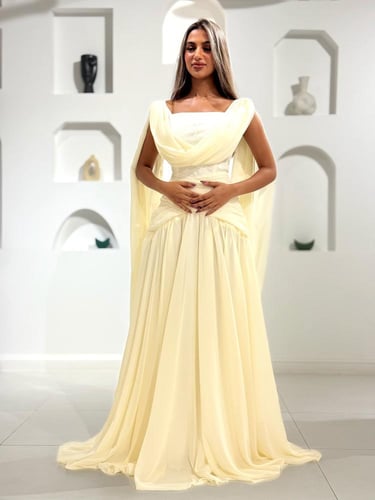 فستان سهرة اصفر فاتح بكاب شيفون