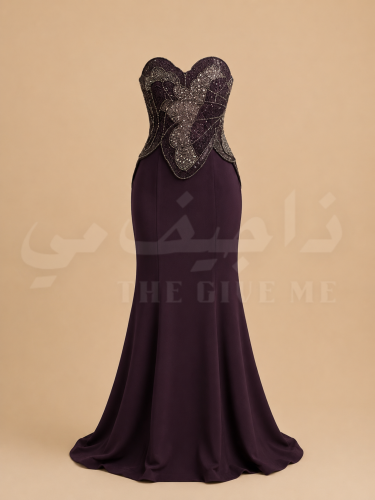 فستان سهرة بقصة كورسيه مزينه بتطريز كثيف وفاخر