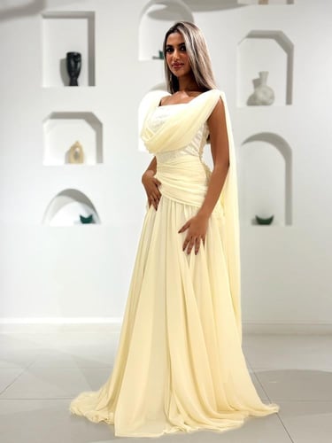 فستان سهرة اصفر فاتح بكاب شيفون