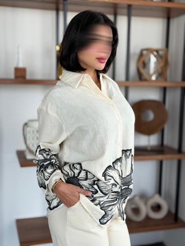 طقم لينن بتطريز مشجر على الاكمام