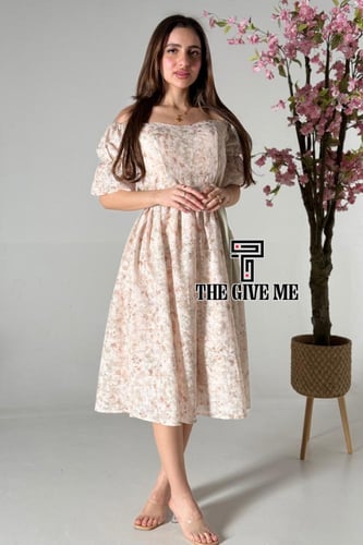 فستان ميدي كتان بطريز مشجر بالكامل بحزام على الخصر