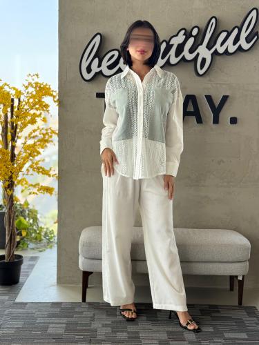 طقم كتان مخرم بتخيلات الجينز البنطلون كتان مزين بخ...