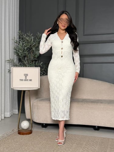 فستان ميدي بـ أكمام طويلة، مصنوع من قماش الكروشيه...