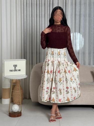 طقم قطعتين دانتيل عنابي وتنورة بنقشة انيقة