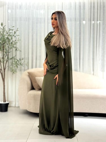 فستان سهرة أخضر زيتوني بكاب شيفون