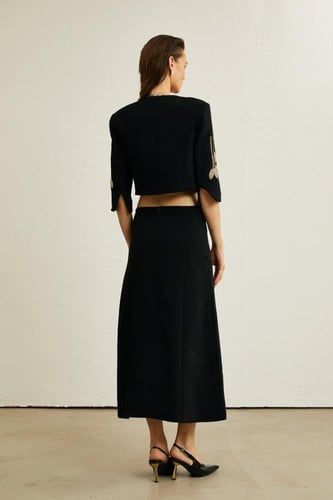 PAULINE BLACK FLORAL-APPLIQUÉ JACKET & SKIRT MATCH...