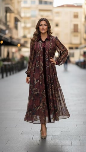 فستان شيفون بطبعات ذهبي وقيطان مخمل