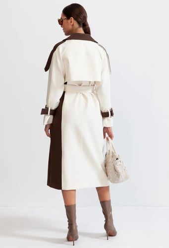 BICOLOR DOUBLE BREASTED TRENCH COAT - CREAM&BROWN