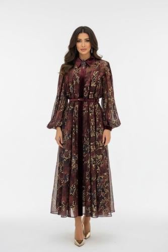 فستان شيفون بطبعات ذهبي وقيطان مخمل