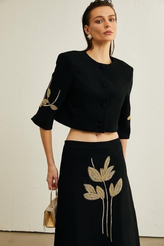 PAULINE BLACK FLORAL-APPLIQUÉ JACKET & SKIRT MATCH...