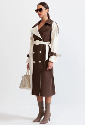 BICOLOR DOUBLE BREASTED TRENCH COAT - CREAM&BROWN