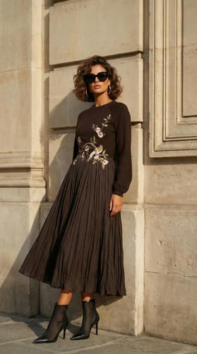 فستان تطريز قطن بني