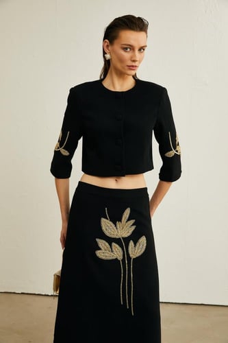 PAULINE BLACK FLORAL-APPLIQUÉ JACKET & SKIRT MATCH...