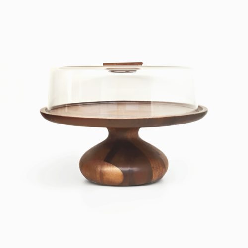 صحن كيك مع قاعدة خشب غطاء اكريلك