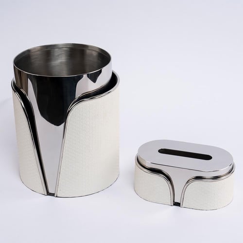 علبة مناديل ستيل فضي وجلد سكري