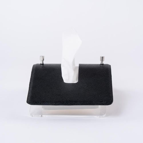 علبة مناديل مقوسة جلد أسود وستيل فضي