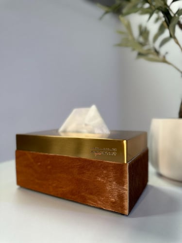 علبة مناديل جلد حصان بني بغطاء ستيل ذهبي