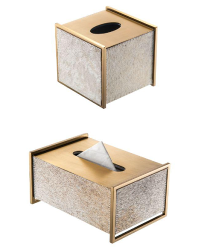 علبة مناديل جلد حصان رمادي وستيل ذهبي