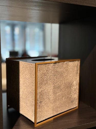 علبة مناديل جلد حصان رمادي وستيل ذهبي