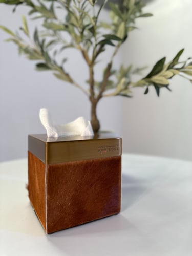 علبة مناديل جلد حصان بني بغطاء ستيل ذهبي