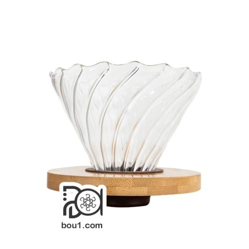 قمع V60 زجاجي 02 بقاعدة خشب شفاف