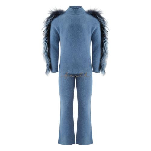 KIDS SILVER FOX FUR ON SLEEVES BLUE FLUFFY SET