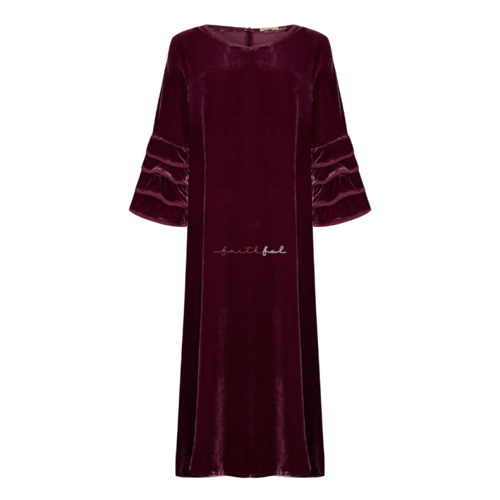 فستان مخمل وردي غباري بياقة شال