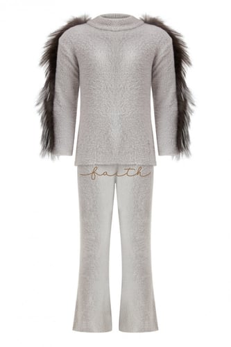 KIDS SILVER FOX FUR ON SLEEVES GREY FLUFFY SET