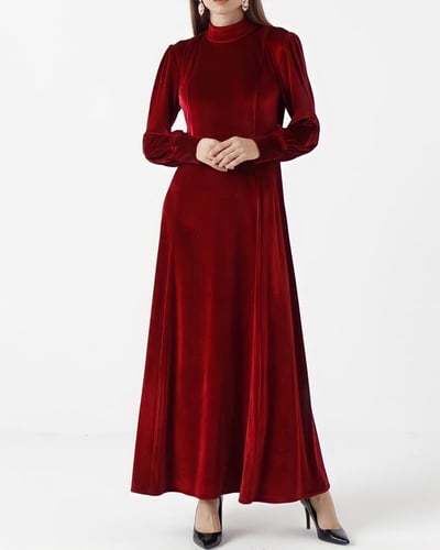 HIGHNECK TIGHT CUT VELVET DRESS - RED