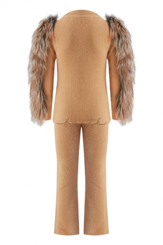 KIDS SILVER FOX FUR ON SLEEVES CAMEL FLUFFY SET