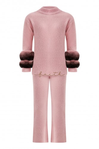 KIDS CHINCHILLA ON SLEEVES PINK FLUFFY SET