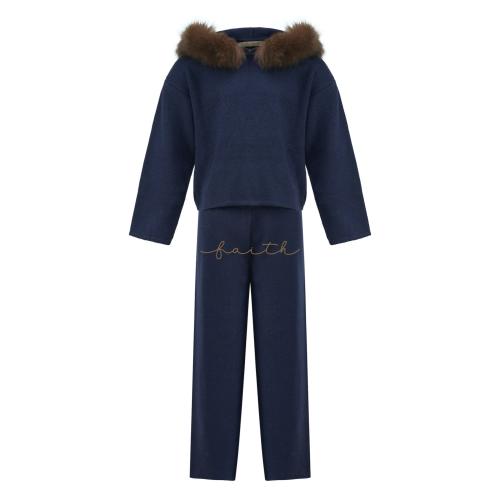 KIDS NAVY BLUE FOX AROUND HOODIE KNITTED SET