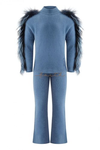 KIDS SILVER FOX FUR ON SLEEVES BLUE FLUFFY SET