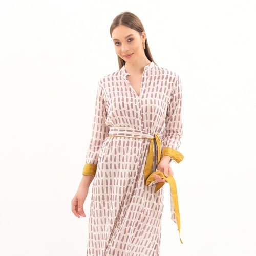 GREY PRINTS DRESS WITH YELLOW ON THE SLEEVES