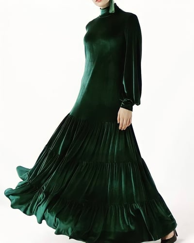 فستان مخمل أخضر داكن بطبقات واسعة