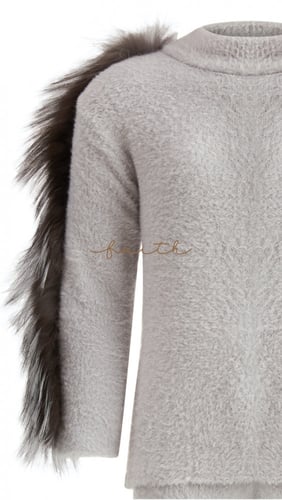 KIDS SILVER FOX FUR ON SLEEVES GREY FLUFFY SET