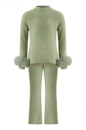 KIDS FOX ON SLEEVES GREEN FLUFFY SET