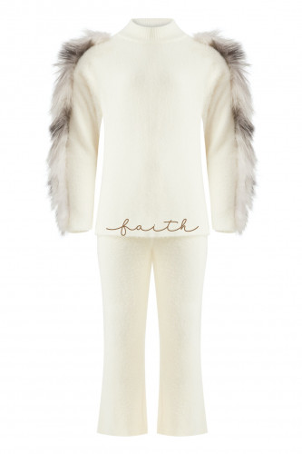 KIDS SILVER FOX FUR ON SLEEVES OFF-WHITE FLUFFY SE...