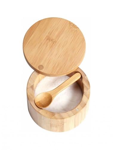 Bamboo Salt Cellar Bowl Box Container with Built-i...