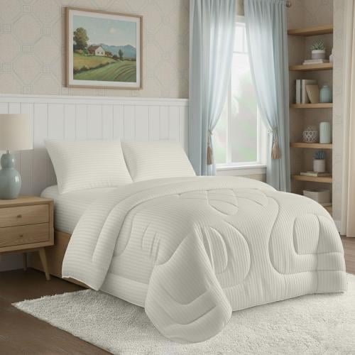 طقم لحاف نفر ونص روز فندقي مقلم - سكري